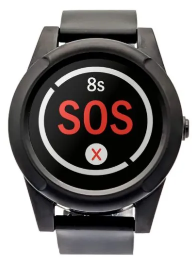 SOS-Horloge 4G Premium — zwarte smartwatch met SOS-knop, schone studiofoto op witte achtergrond